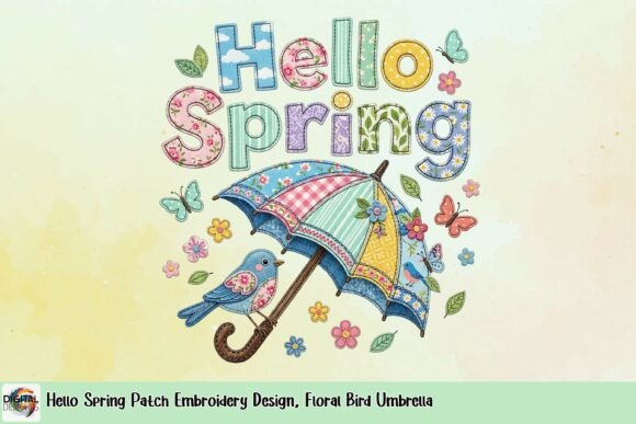 Hello Spring Patch Embroidery Design: Floral Bird Umbrella