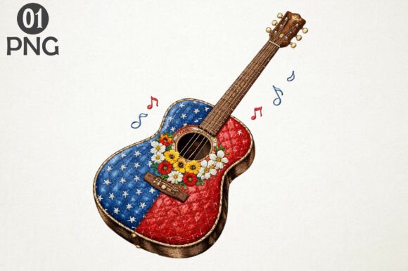 USA Flag Guitar Embroidery Patriotic PNG